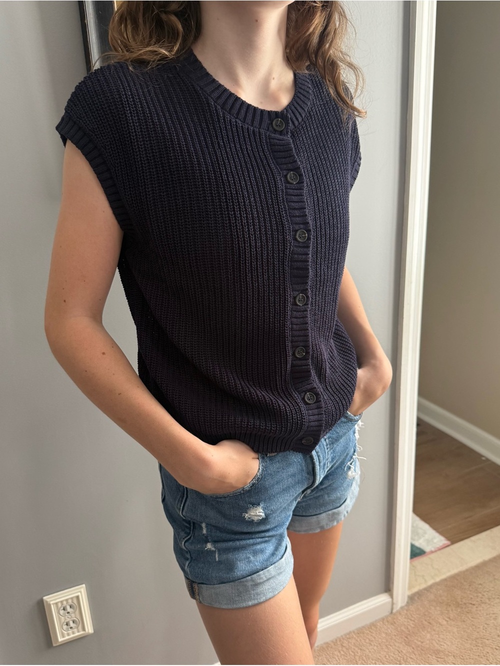 The Workshop Ribbed Knit Button-Front Vest in Navy Blue - NWT - size S and M